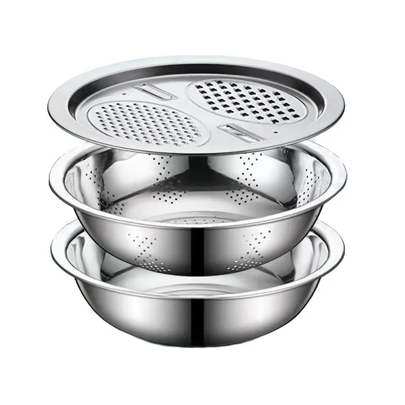 Montero Milan 3pcs HEROBABY Stainless Steel Kitchen Prep Set with Integrated Grinder, Multifunctional Filter & Mixing Bowl - Heavy-Duty 201 Grade Dishwasher- Drainage System for Slicing, Chopping Fruits, Vegetables, Cheese (All-in-One - Image 14