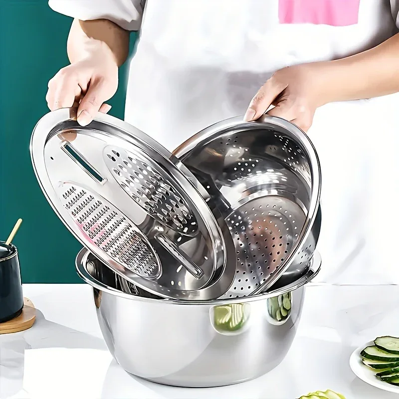 Montero Milan 3pcs HEROBABY Stainless Steel Kitchen Prep Set with Integrated Grinder, Multifunctional Filter & Mixing Bowl - Heavy-Duty 201 Grade Dishwasher- Drainage System for Slicing, Chopping Fruits, Vegetables, Cheese (All-in-One - Image 2