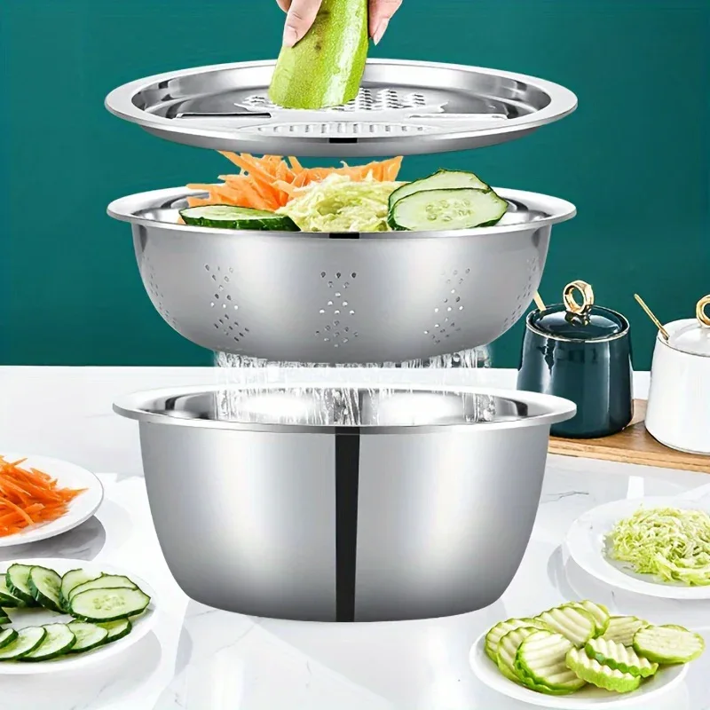 Montero Milan 3pcs HEROBABY Stainless Steel Kitchen Prep Set with Integrated Grinder, Multifunctional Filter & Mixing Bowl - Heavy-Duty 201 Grade Dishwasher- Drainage System for Slicing, Chopping Fruits, Vegetables, Cheese (All-in-One - Image 3
