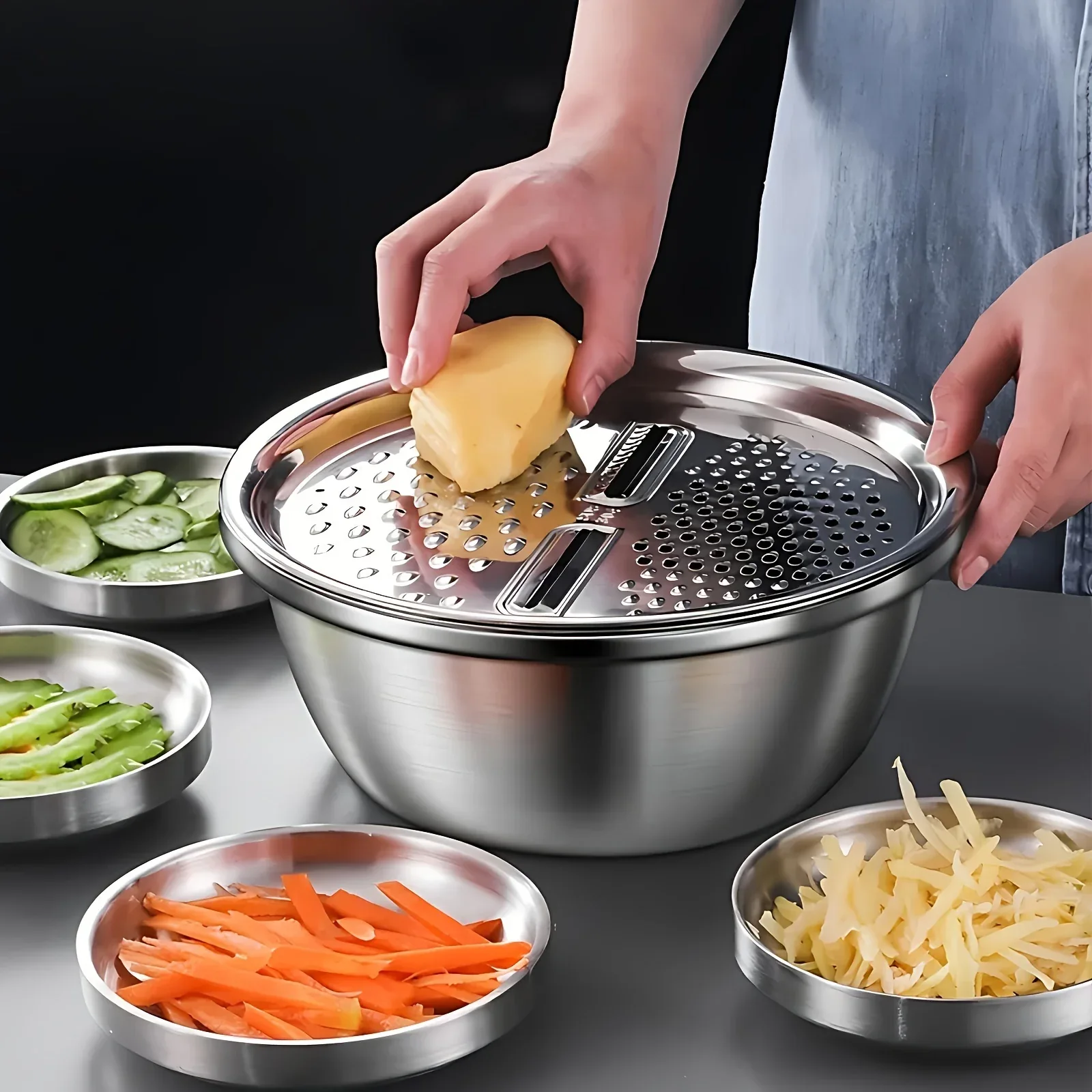 Montero Milan 3pcs HEROBABY Stainless Steel Kitchen Prep Set with Integrated Grinder, Multifunctional Filter & Mixing Bowl - Heavy-Duty 201 Grade Dishwasher- Drainage System for Slicing, Chopping Fruits, Vegetables, Cheese (All-in-One - Image 5