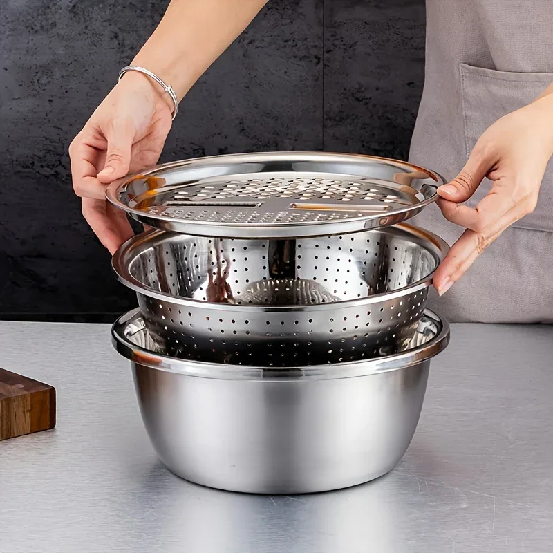 Montero Milan 3pcs HEROBABY Stainless Steel Kitchen Prep Set with Integrated Grinder, Multifunctional Filter & Mixing Bowl - Heavy-Duty 201 Grade Dishwasher- Drainage System for Slicing, Chopping Fruits, Vegetables, Cheese (All-in-One - Image 6