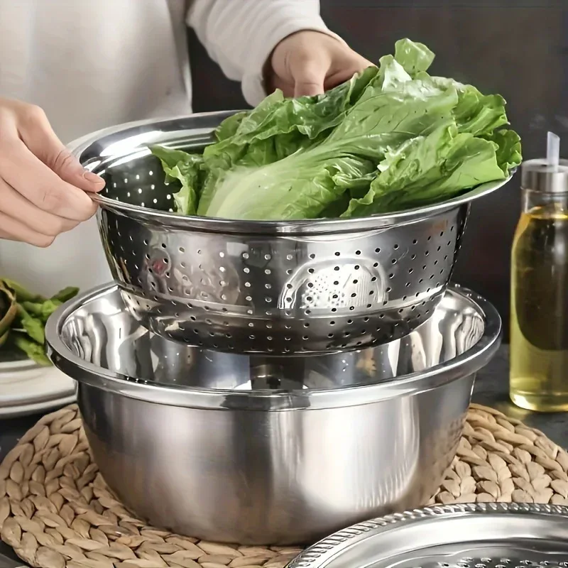 Montero Milan 3pcs HEROBABY Stainless Steel Kitchen Prep Set with Integrated Grinder, Multifunctional Filter & Mixing Bowl - Heavy-Duty 201 Grade Dishwasher- Drainage System for Slicing, Chopping Fruits, Vegetables, Cheese (All-in-One - Image 7