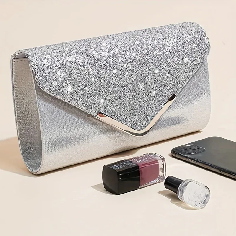 [4pcs Elegant Clutch Set] 4pcs Women's Elegant Sparkling Clutch Evening Bag Set | Decorative Chain Shoulder Bag, Rhinestone Necklace Earrings - Image 10