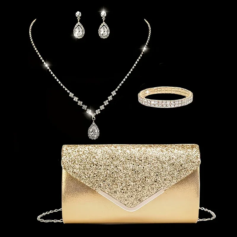 [4pcs Elegant Clutch Set] 4pcs Women's Elegant Sparkling Clutch Evening Bag Set | Decorative Chain Shoulder Bag, Rhinestone Necklace Earrings - Image 11