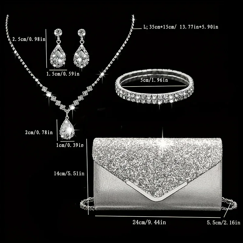 [4pcs Elegant Clutch Set] 4pcs Women's Elegant Sparkling Clutch Evening Bag Set | Decorative Chain Shoulder Bag, Rhinestone Necklace Earrings - Image 2