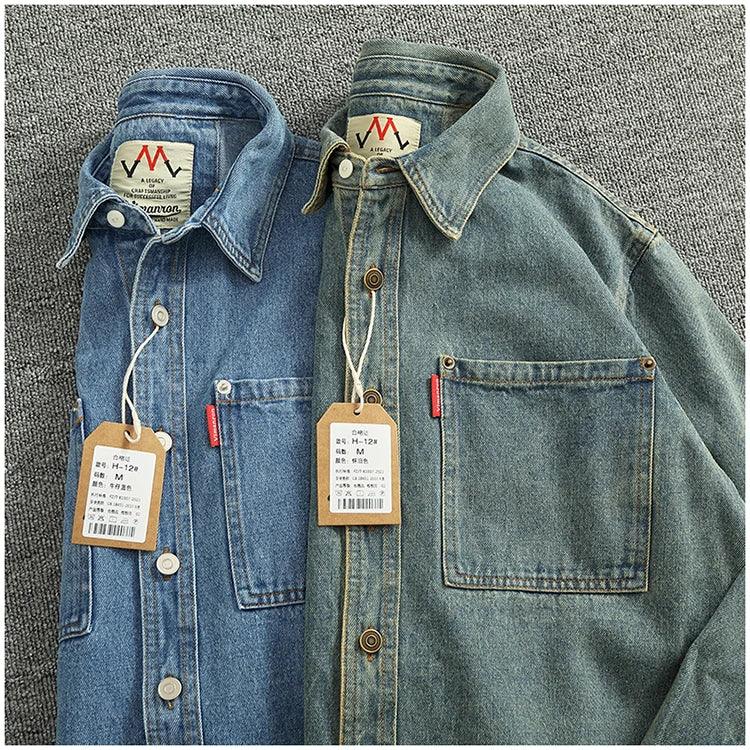 American Casual Men's Long Sve Denim irt Pure Cotton Heavyweight Waed Vintage Workwear Layering irt Jaet - Image 16