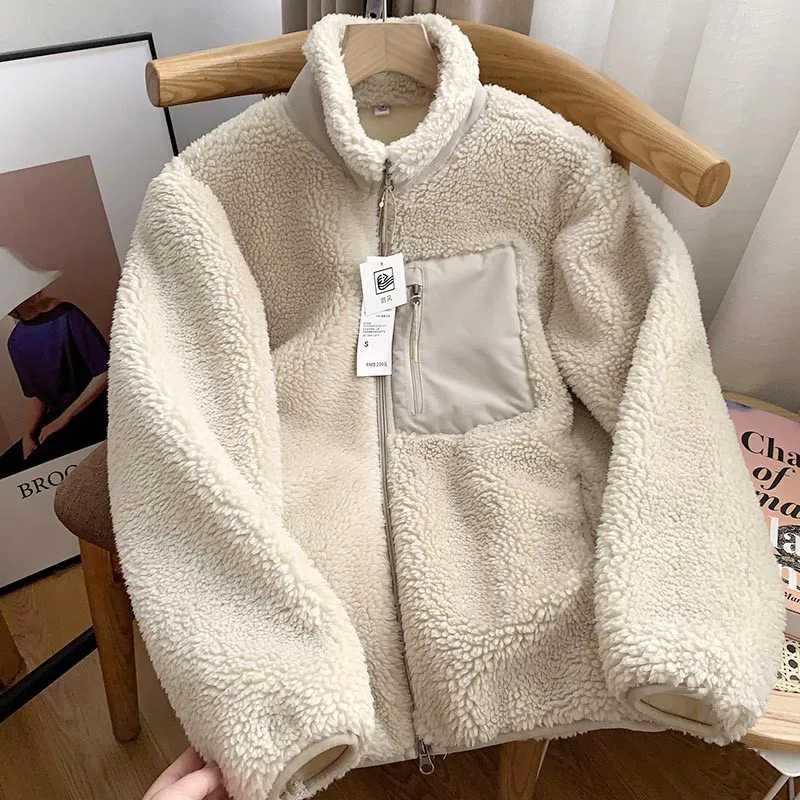 Autumn and Winter Japanese Men's and Women's Fleece Stand Neck Jacket Couple Zipper Loose Warm Lamb Wool Coat Solid Color Jacket - Image 11