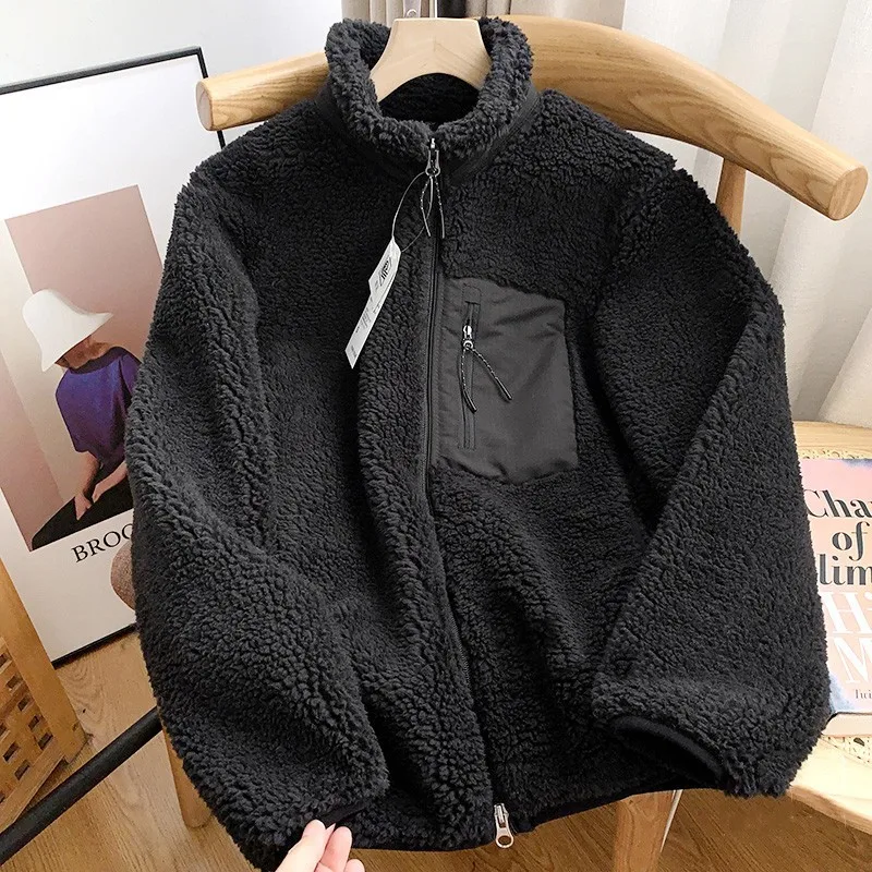 Autumn and Winter Japanese Men's and Women's Fleece Stand Neck Jacket Couple Zipper Loose Warm Lamb Wool Coat Solid Color Jacket - Image 12