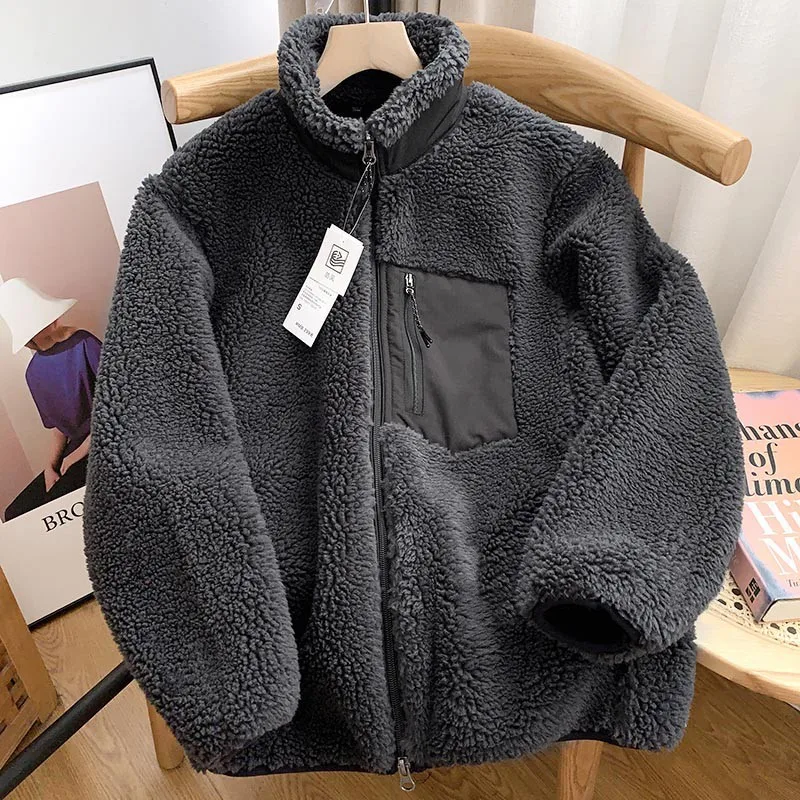 Autumn and Winter Japanese Men's and Women's Fleece Stand Neck Jacket Couple Zipper Loose Warm Lamb Wool Coat Solid Color Jacket - Image 14