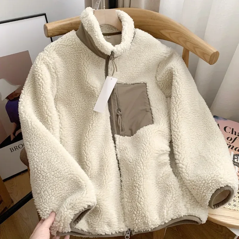 Autumn and Winter Japanese Men's and Women's Fleece Stand Neck Jacket Couple Zipper Loose Warm Lamb Wool Coat Solid Color Jacket - Image 15