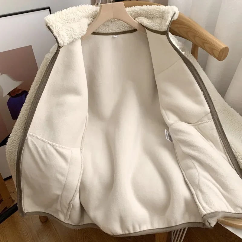 Autumn and Winter Japanese Men's and Women's Fleece Stand Neck Jacket Couple Zipper Loose Warm Lamb Wool Coat Solid Color Jacket - Image 16