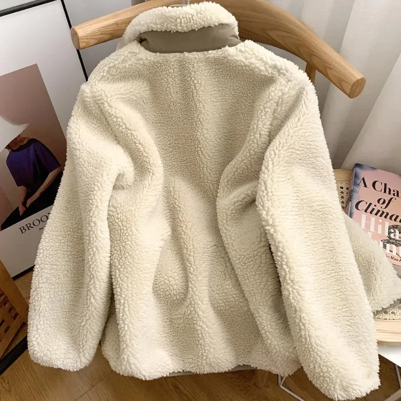 Autumn and Winter Japanese Men's and Women's Fleece Stand Neck Jacket Couple Zipper Loose Warm Lamb Wool Coat Solid Color Jacket - Image 18
