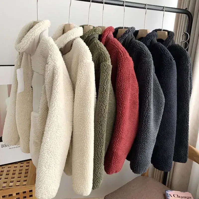 Autumn and Winter Japanese Men's and Women's Fleece Stand Neck Jacket Couple Zipper Loose Warm Lamb Wool Coat Solid Color Jacket - Image 2
