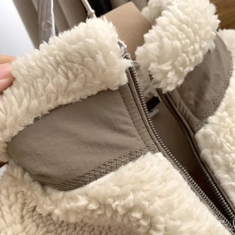 Autumn and Winter Japanese Men's and Women's Fleece Stand Neck Jacket Couple Zipper Loose Warm Lamb Wool Coat Solid Color Jacket - Image 23