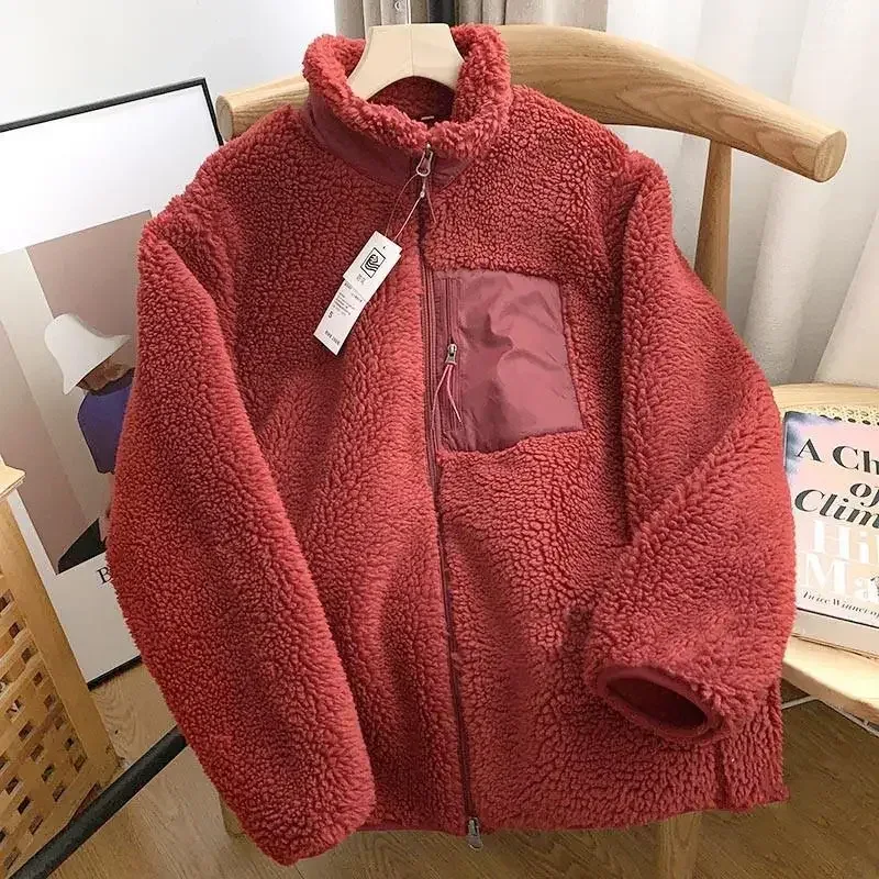 Autumn and Winter Japanese Men's and Women's Fleece Stand Neck Jacket Couple Zipper Loose Warm Lamb Wool Coat Solid Color Jacket - Image 25