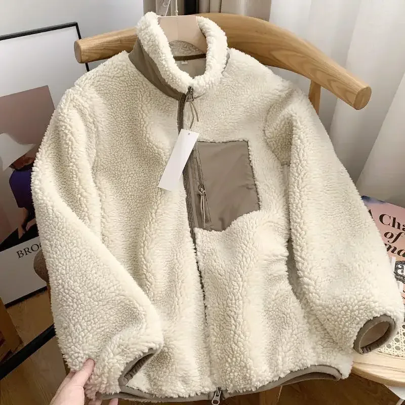 Autumn and Winter Japanese Men's and Women's Fleece Stand Neck Jacket Couple Zipper Loose Warm Lamb Wool Coat Solid Color Jacket - Image 28