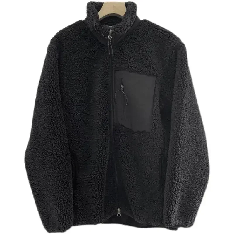 Autumn and Winter Japanese Men's and Women's Fleece Stand Neck Jacket Couple Zipper Loose Warm Lamb Wool Coat Solid Color Jacket - Image 3