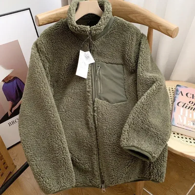 Autumn and Winter Japanese Men's and Women's Fleece Stand Neck Jacket Couple Zipper Loose Warm Lamb Wool Coat Solid Color Jacket - Image 30