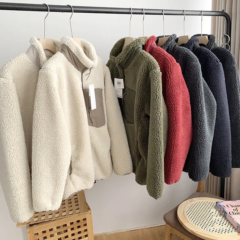 Autumn and Winter Japanese Men's and Women's Fleece Stand Neck Jacket Couple Zipper Loose Warm Lamb Wool Coat Solid Color Jacket - Image 5