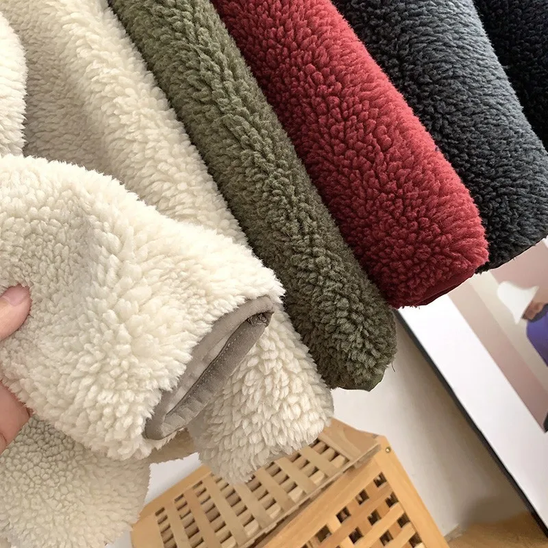 Autumn and Winter Japanese Men's and Women's Fleece Stand Neck Jacket Couple Zipper Loose Warm Lamb Wool Coat Solid Color Jacket - Image 7
