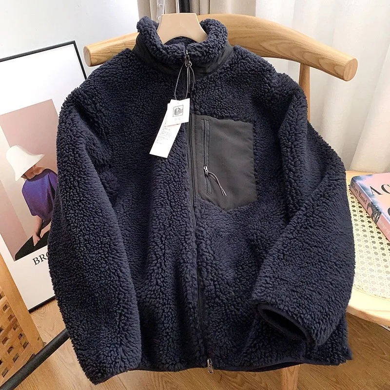 Autumn and Winter Japanese Men's and Women's Fleece Stand Neck Jacket Couple Zipper Loose Warm Lamb Wool Coat Solid Color Jacket - Image 9
