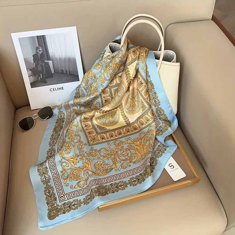 British Style Scarf for Women, Lightweight Paisley Print Small Square Scarf, Fashionable Retro Faux Silky Decorative Shawl.