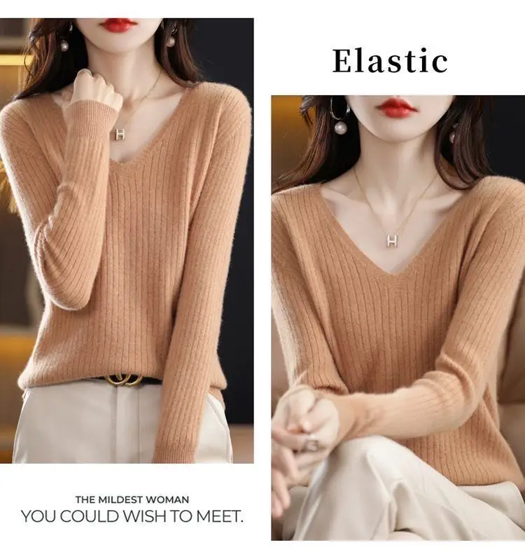 Chic Casual Autumn Winter Basic Sweater Pullovers Women V-neck Solid Knit Loose Pullover Female Long Sleeve Warm Khaki Sweater - Image 10