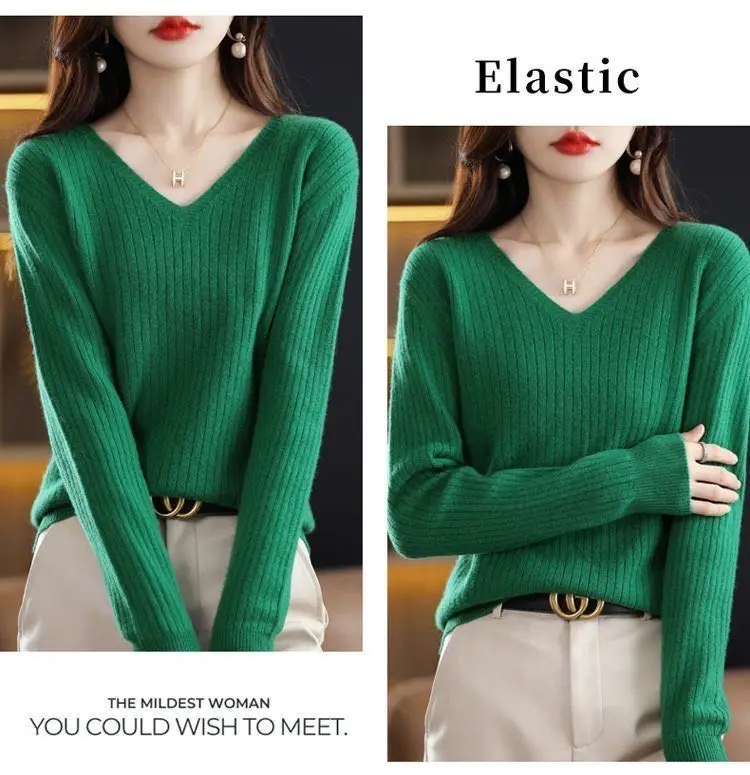 Chic Casual Autumn Winter Basic Sweater Pullovers Women V-neck Solid Knit Loose Pullover Female Long Sleeve Warm Khaki Sweater - Image 12
