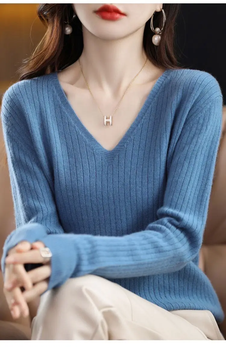 Chic Casual Autumn Winter Basic Sweater Pullovers Women V-neck Solid Knit Loose Pullover Female Long Sleeve Warm Khaki Sweater - Image 13