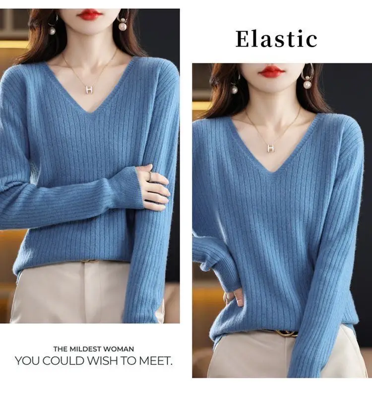 Chic Casual Autumn Winter Basic Sweater Pullovers Women V-neck Solid Knit Loose Pullover Female Long Sleeve Warm Khaki Sweater - Image 14