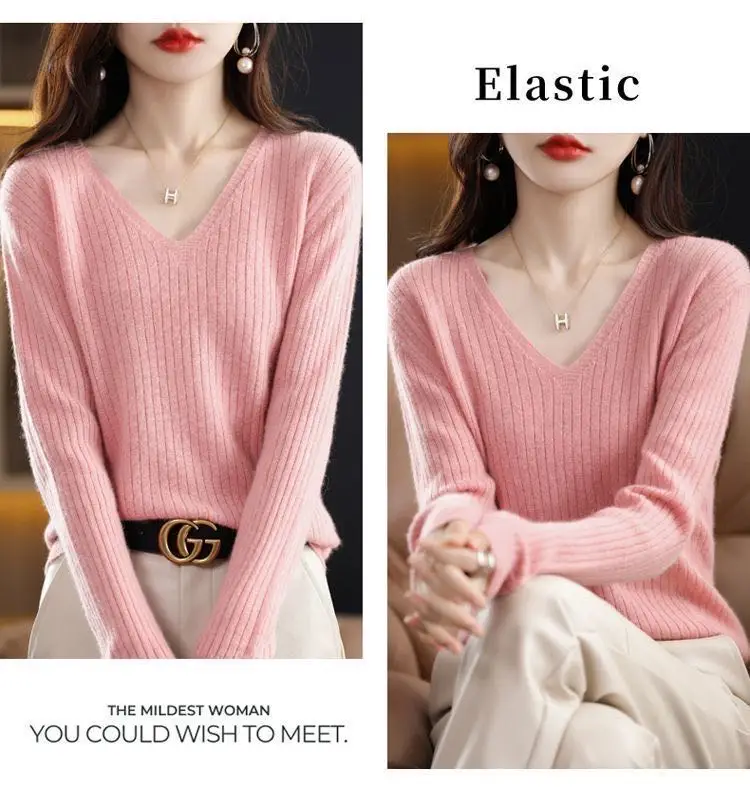 Chic Casual Autumn Winter Basic Sweater Pullovers Women V-neck Solid Knit Loose Pullover Female Long Sleeve Warm Khaki Sweater - Image 16