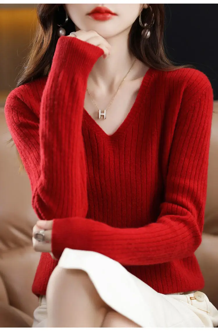 Chic Casual Autumn Winter Basic Sweater Pullovers Women V-neck Solid Knit Loose Pullover Female Long Sleeve Warm Khaki Sweater - Image 17