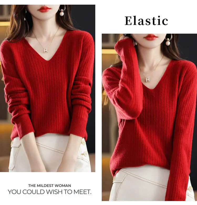 Chic Casual Autumn Winter Basic Sweater Pullovers Women V-neck Solid Knit Loose Pullover Female Long Sleeve Warm Khaki Sweater - Image 18