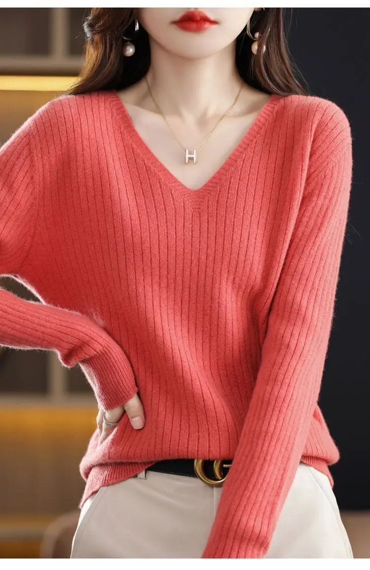 Chic Casual Autumn Winter Basic Sweater Pullovers Women V-neck Solid Knit Loose Pullover Female Long Sleeve Warm Khaki Sweater - Image 19