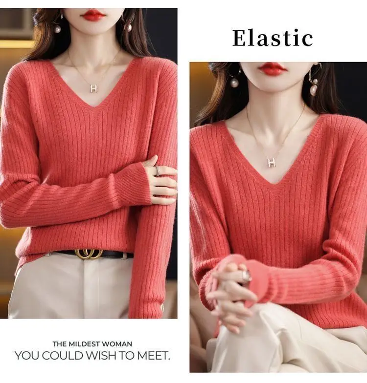 Chic Casual Autumn Winter Basic Sweater Pullovers Women V-neck Solid Knit Loose Pullover Female Long Sleeve Warm Khaki Sweater - Image 20