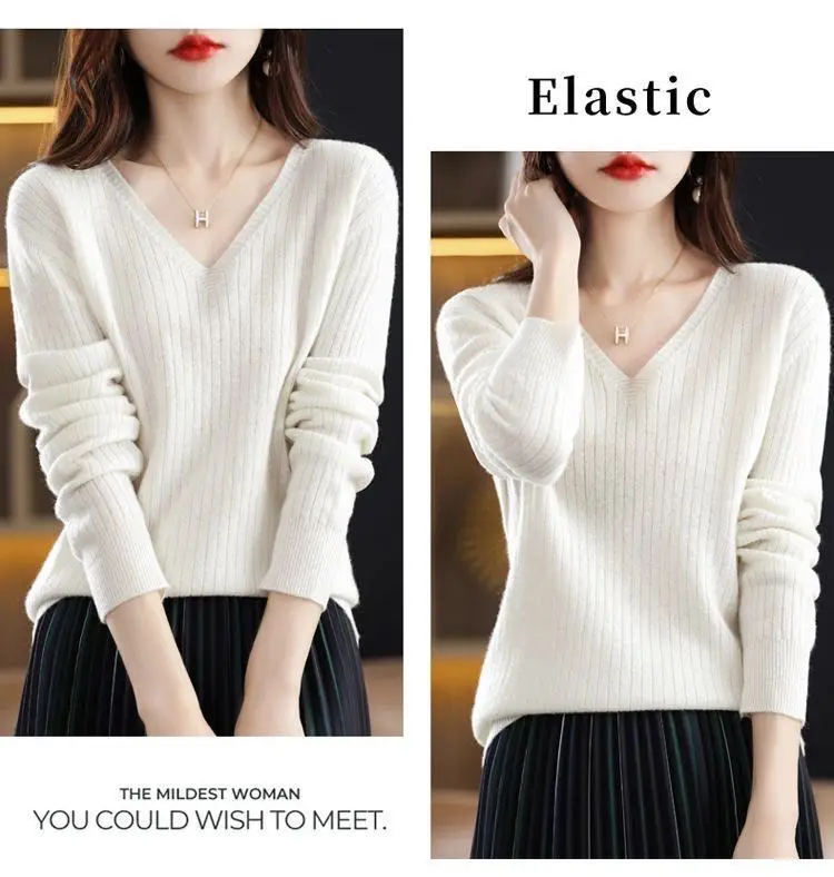 Chic Casual Autumn Winter Basic Sweater Pullovers Women V-neck Solid Knit Loose Pullover Female Long Sleeve Warm Khaki Sweater - Image 22