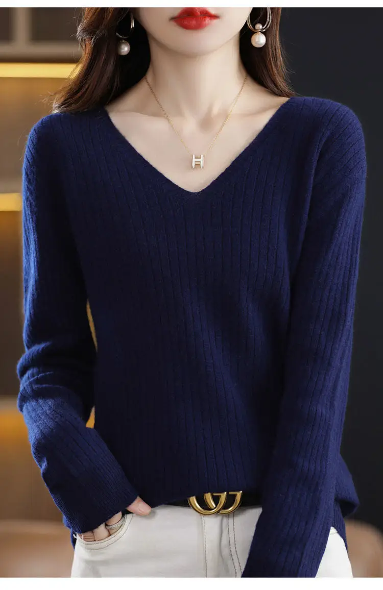Chic Casual Autumn Winter Basic Sweater Pullovers Women V-neck Solid Knit Loose Pullover Female Long Sleeve Warm Khaki Sweater - Image 23