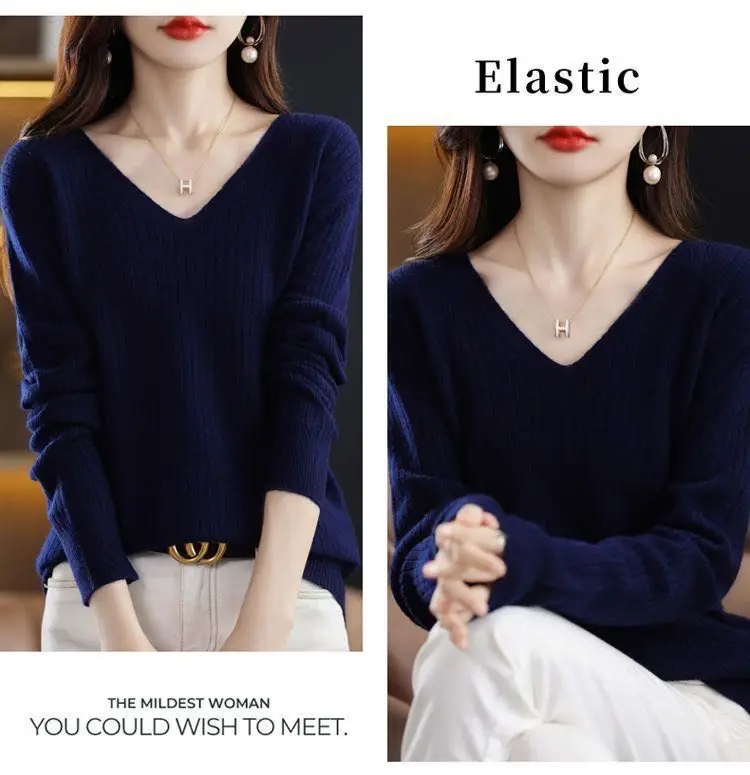 Chic Casual Autumn Winter Basic Sweater Pullovers Women V-neck Solid Knit Loose Pullover Female Long Sleeve Warm Khaki Sweater - Image 24