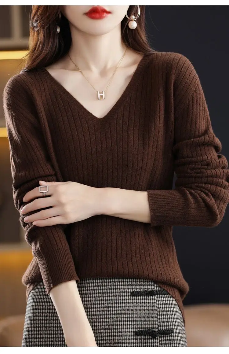 Chic Casual Autumn Winter Basic Sweater Pullovers Women V-neck Solid Knit Loose Pullover Female Long Sleeve Warm Khaki Sweater - Image 25