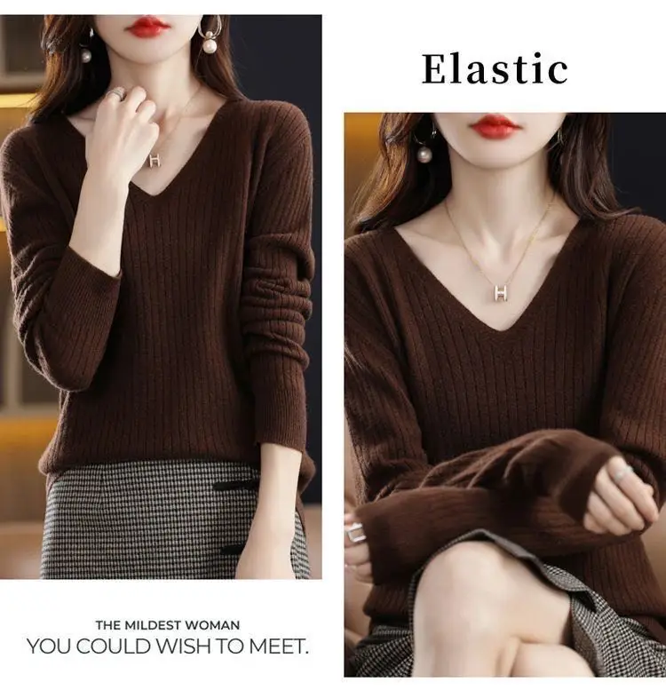 Chic Casual Autumn Winter Basic Sweater Pullovers Women V-neck Solid Knit Loose Pullover Female Long Sleeve Warm Khaki Sweater - Image 26