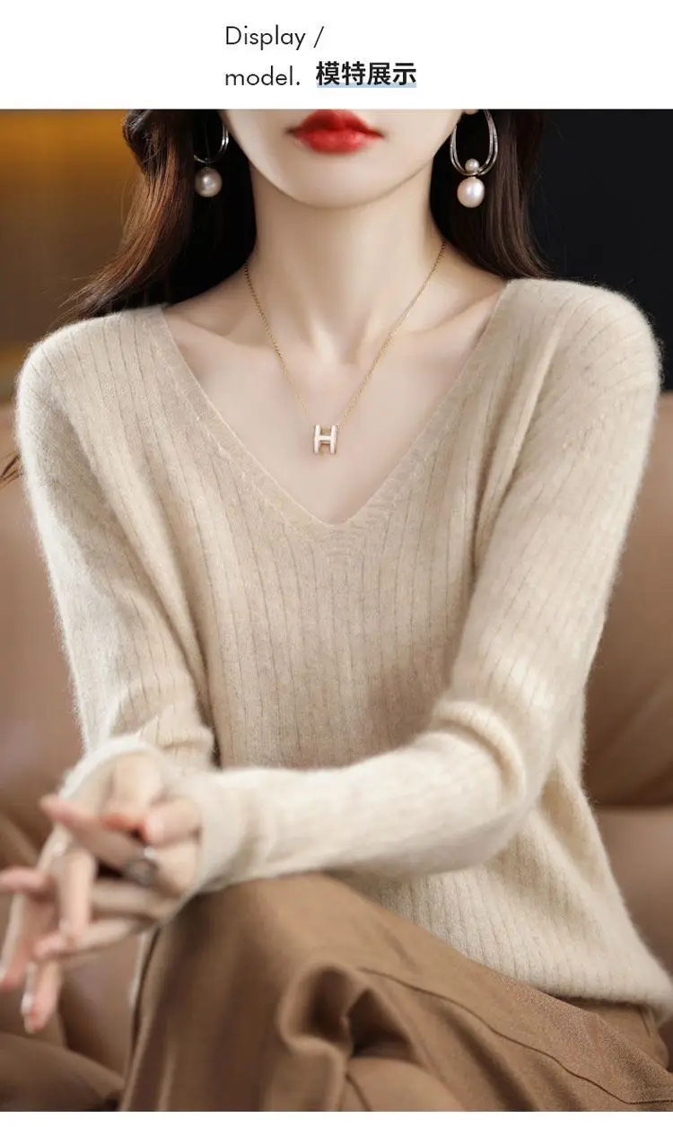 Chic Casual Autumn Winter Basic Sweater Pullovers Women V-neck Solid Knit Loose Pullover Female Long Sleeve Warm Khaki Sweater - Image 3