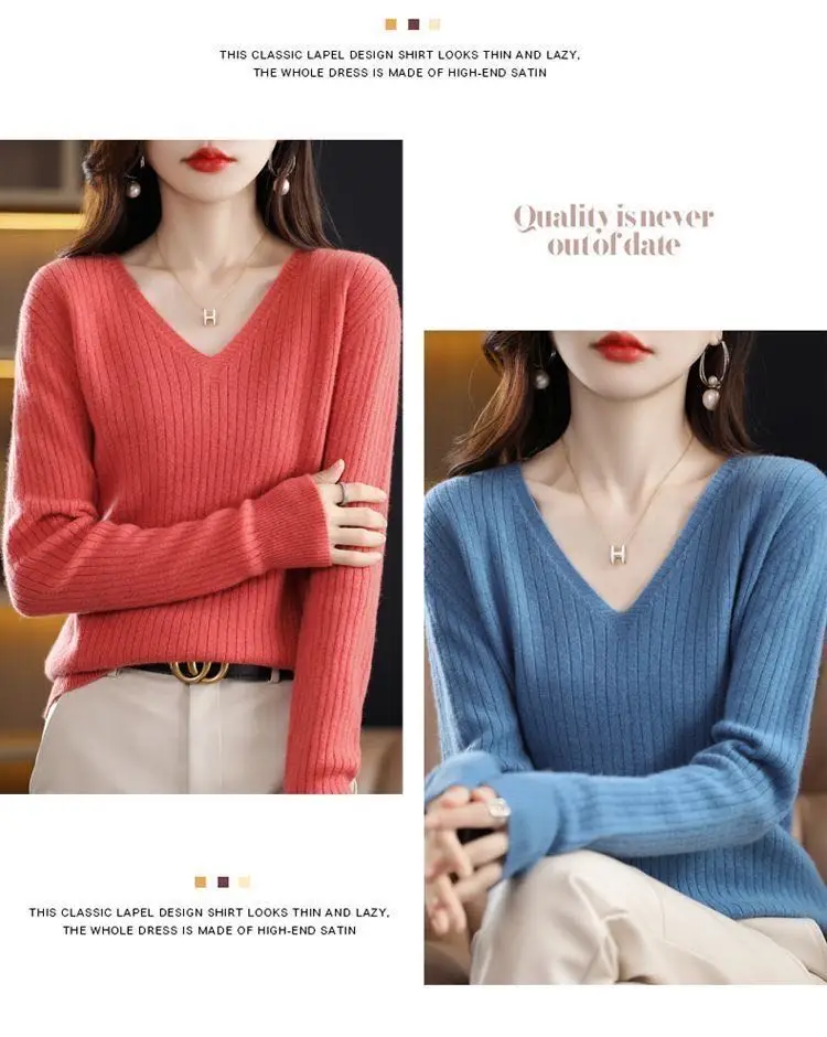 Chic Casual Autumn Winter Basic Sweater Pullovers Women V-neck Solid Knit Loose Pullover Female Long Sleeve Warm Khaki Sweater - Image 35