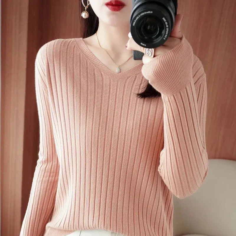 Chic Casual Autumn Winter Basic Sweater Pullovers Women V-neck Solid Knit Loose Pullover Female Long Sleeve Warm Khaki Sweater - Image 36