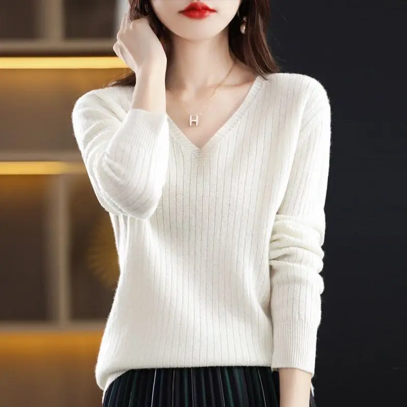 Chic Casual Autumn Winter Basic Sweater Pullovers Women V-neck Solid Knit Loose Pullover Female Long Sleeve Warm Khaki Sweater - Image 37