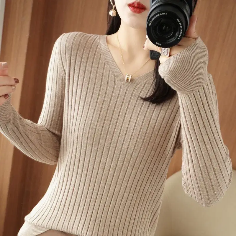 Chic Casual Autumn Winter Basic Sweater Pullovers Women V-neck Solid Knit Loose Pullover Female Long Sleeve Warm Khaki Sweater - Image 38