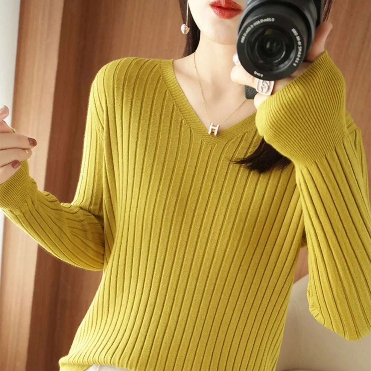 Chic Casual Autumn Winter Basic Sweater Pullovers Women V-neck Solid Knit Loose Pullover Female Long Sleeve Warm Khaki Sweater - Image 39