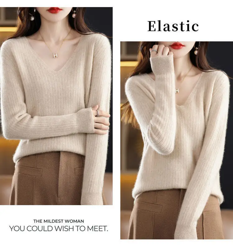 Chic Casual Autumn Winter Basic Sweater Pullovers Women V-neck Solid Knit Loose Pullover Female Long Sleeve Warm Khaki Sweater - Image 4