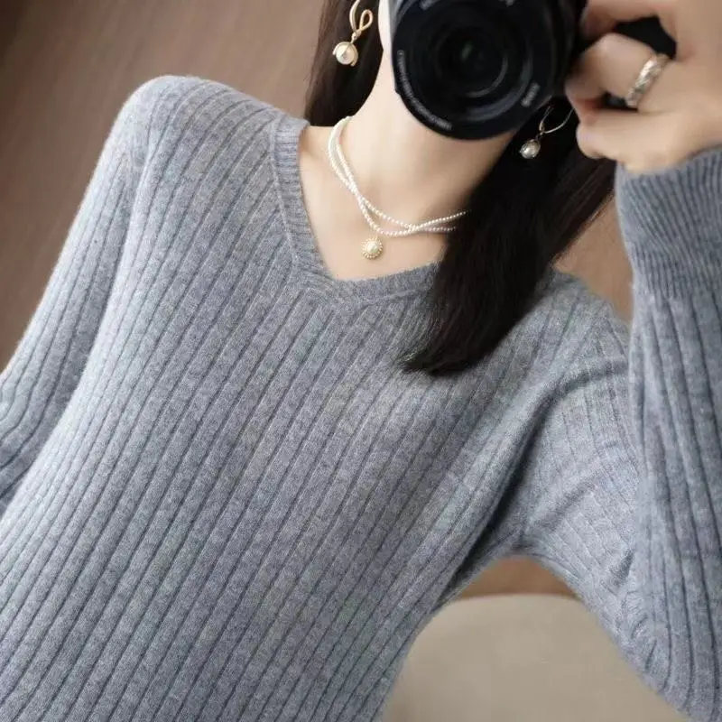Chic Casual Autumn Winter Basic Sweater Pullovers Women V-neck Solid Knit Loose Pullover Female Long Sleeve Warm Khaki Sweater - Image 40