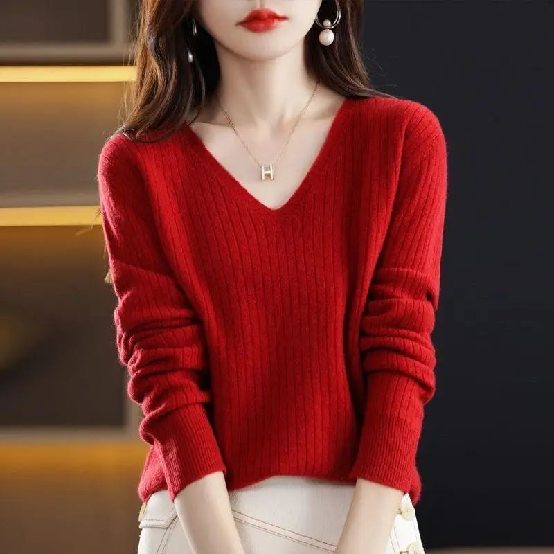 Chic Casual Autumn Winter Basic Sweater Pullovers Women V-neck Solid Knit Loose Pullover Female Long Sleeve Warm Khaki Sweater - Image 41