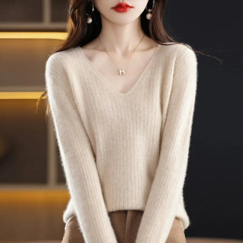 Chic Casual Autumn Winter Basic Sweater Pullovers Women V-neck Solid Knit Loose Pullover Female Long Sleeve Warm Khaki Sweater - Image 42